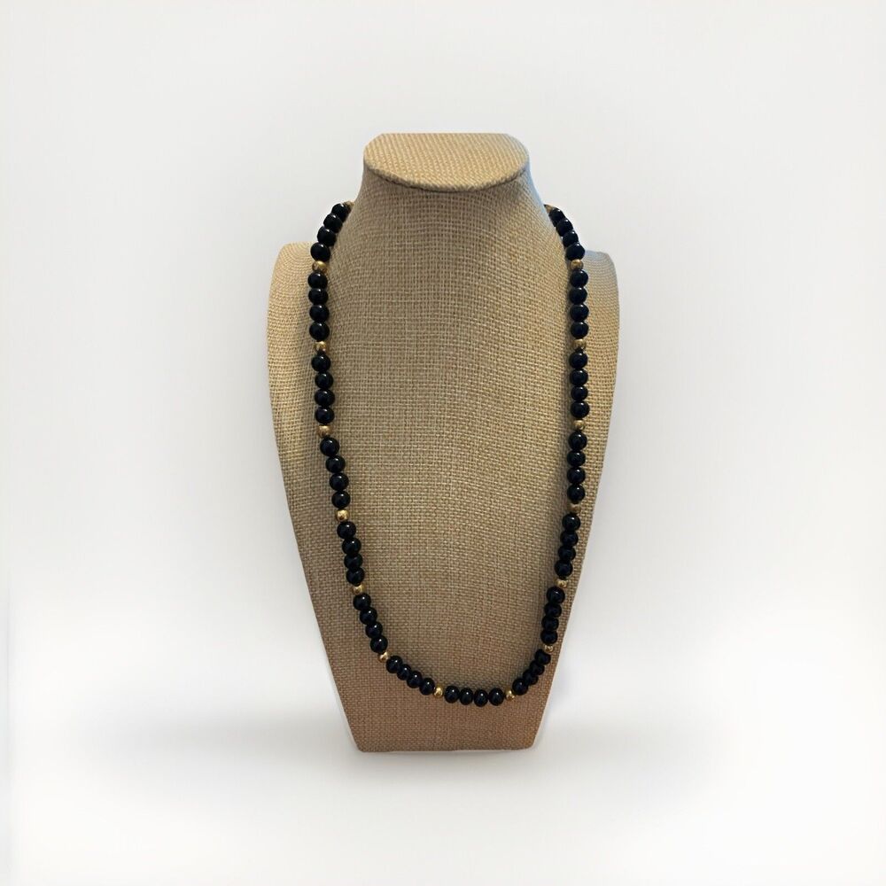 Simply Nautical Necklace Black Glass Bead Gold Spacers - Long 24”